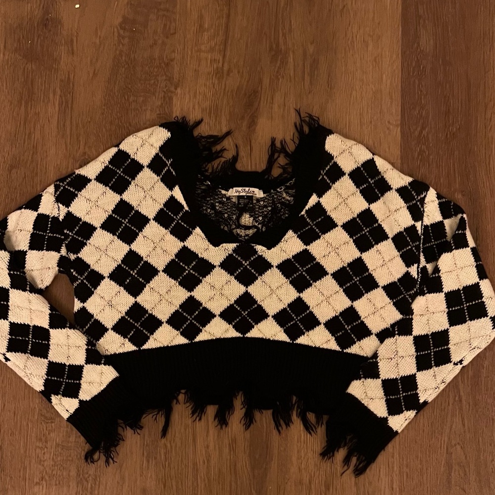 Black and White Argyle Fringe Sweater